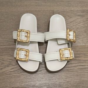 Schutz Enola Sporty Leather Sandal with gold buckles in Pearl